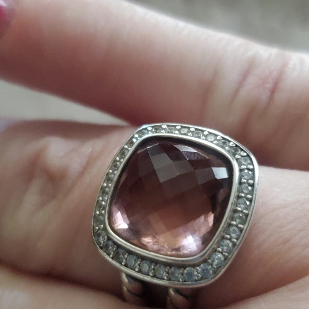 David Yurman Albion Ring Sterling Silver with Morganite and Diamonds 11mm Size 7